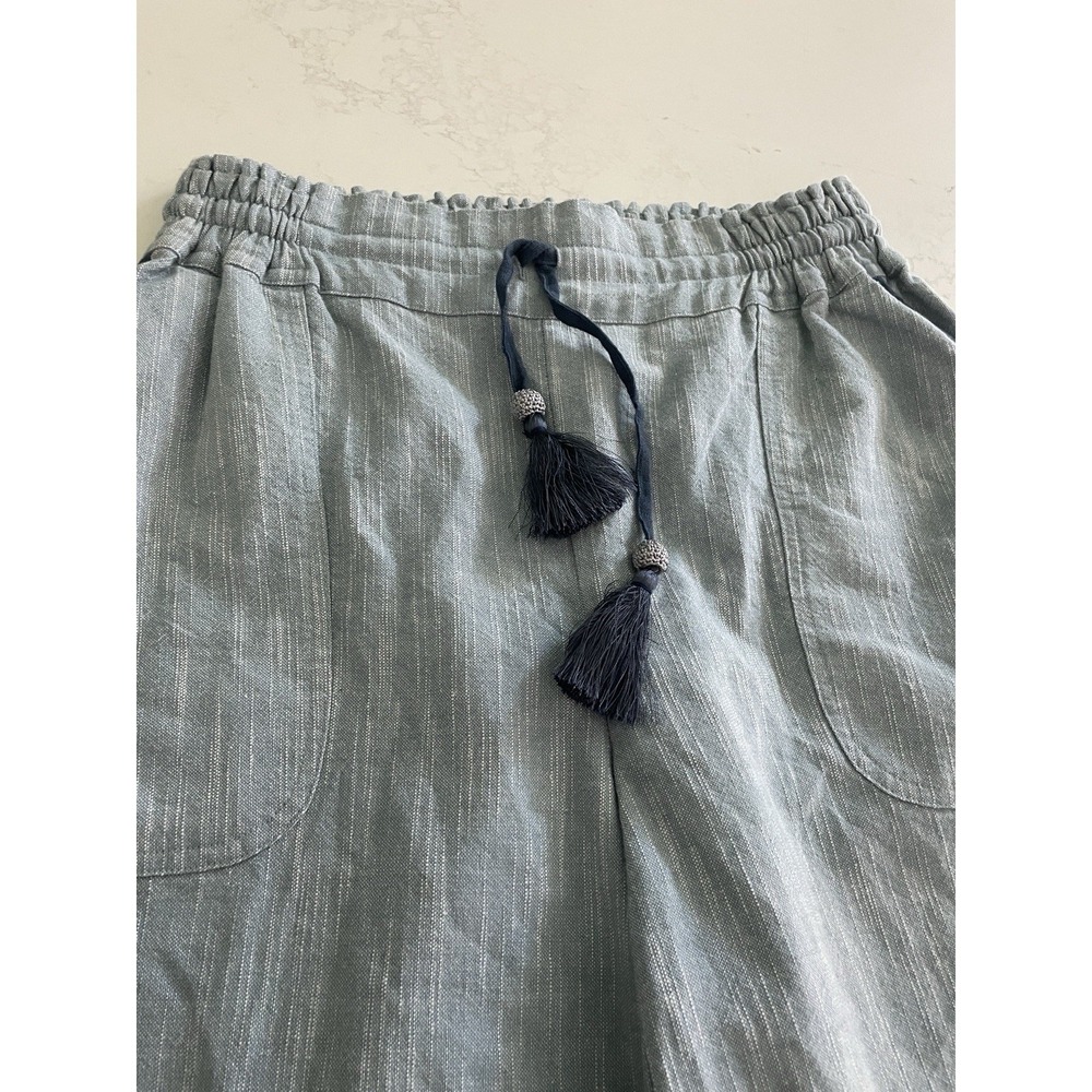 Womens Blue Striped Cropped Pants Elastic Waist Drawstring Tassel Frayed Hem - Picture 5 of 10